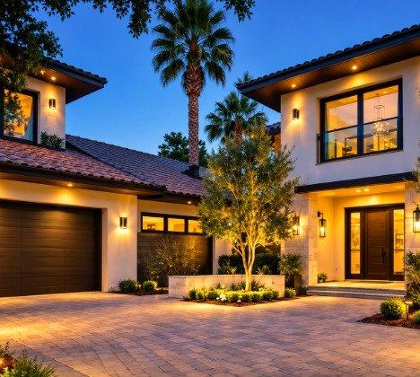 Home exterior with a paver driveway at night