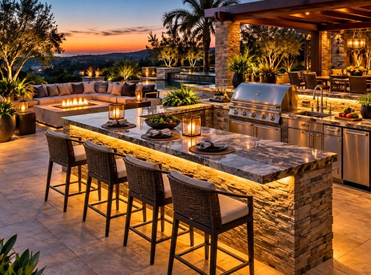 Large lit outdoor kitchen island with granite bar top, stools and fire pit lounge at sunset