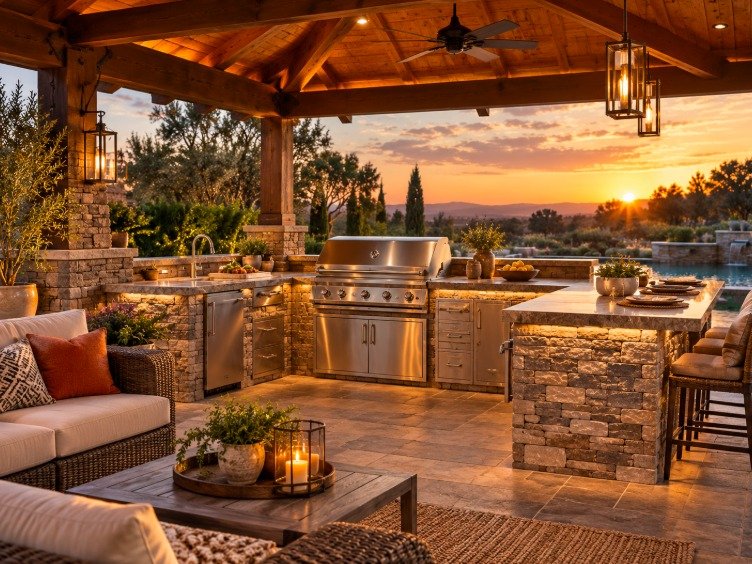U-shaped outdoor kitchen under a wood patio cover with grill, sink and bar seating at sunset