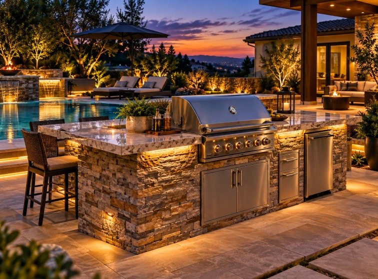 Stone BBQ island with a built-in grill, bar seating and pool at dusk