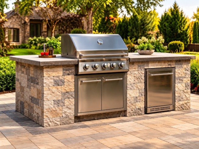 Stone BBQ island with built-in grill