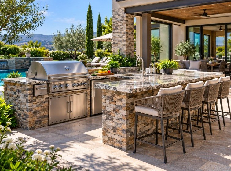 L-shaped stone BBQ island with grill, sink and granite bar seating near a pool