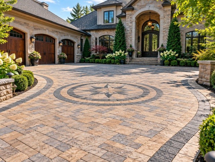 Paver driveway with a compass star medallion inlay and charcoal border at an estate home