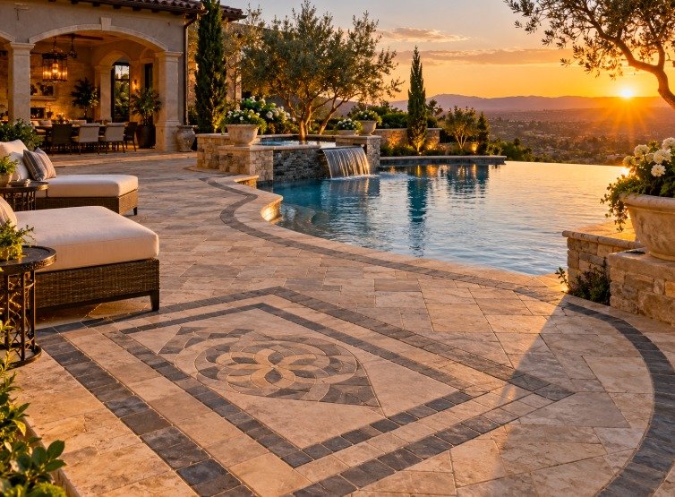 Travertine pool deck with a decorative medallion inlay and charcoal border at sunset