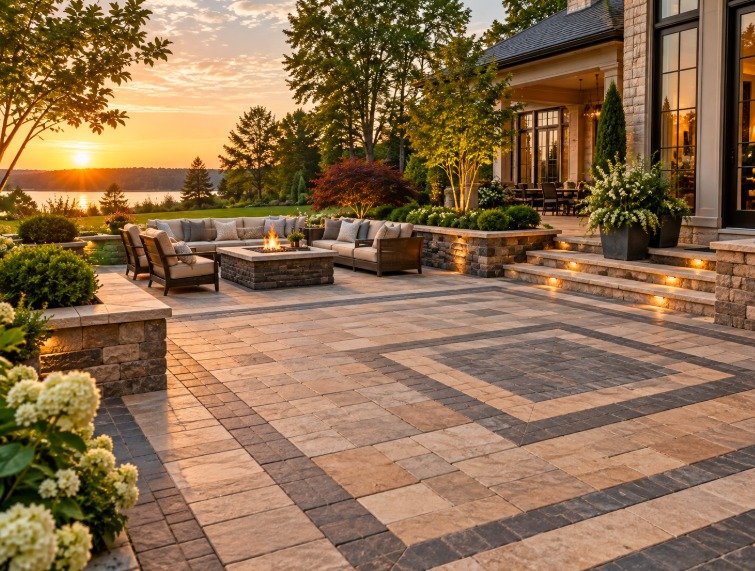 Paver patio with a contrasting inset border pattern and fire pit lounge at sunset