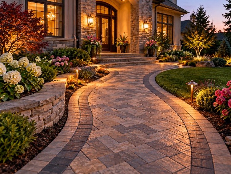 Curved paver walkway with a charcoal soldier course border leading to a lit front entry