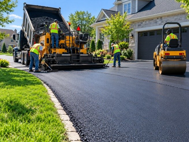 Paving crew installing a new asphalt driveway with a paver and roller