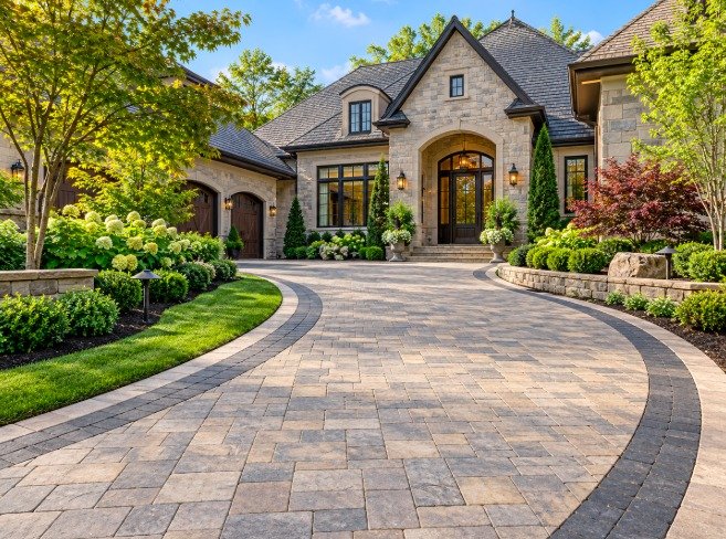 Curved paver driveway with a charcoal border at a stone estate home