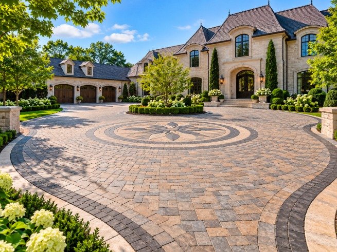 Estate paver driveway with a decorative compass rose medallion and charcoal border