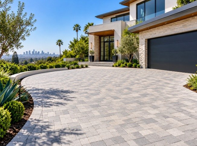Gray paver driveway at a modern Los Angeles home with the downtown skyline