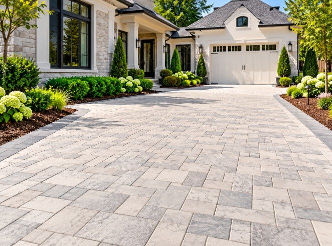 Paver driveway leading to a modern home