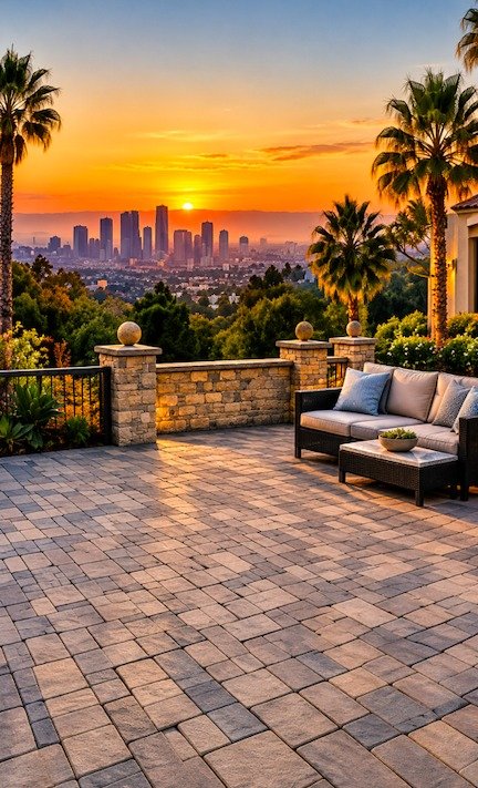 Paver patio with lounge seating overlooking Los Angeles at sunset