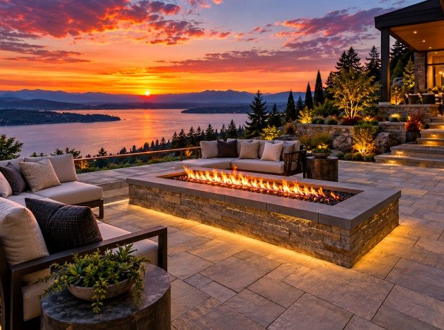 Linear stone gas fire pit on a paver patio with lounge seating overlooking a lake at sunset