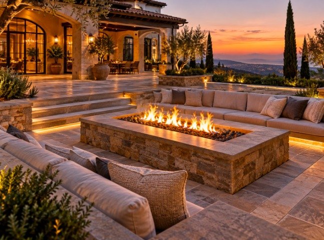 Rectangular stone fire pit with fire glass surrounded by built-in sectional seating on a travertine patio