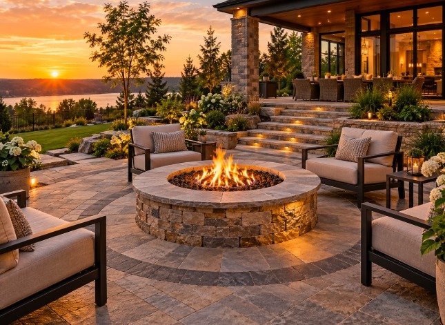 Round stone fire pit centered in a circular paver patio with a charcoal border band