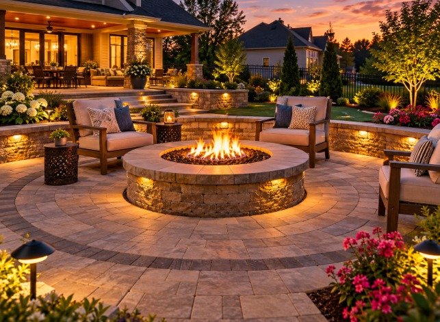 Round fire pit surrounded by a curved lit stone seating wall and paver patio at dusk