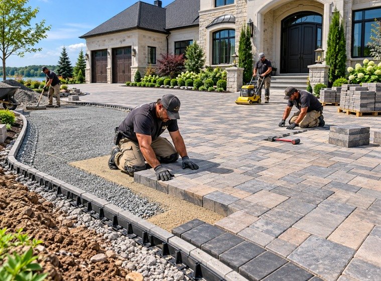 Crew installing a paver driveway with edge restraints, gravel base and plate compactor