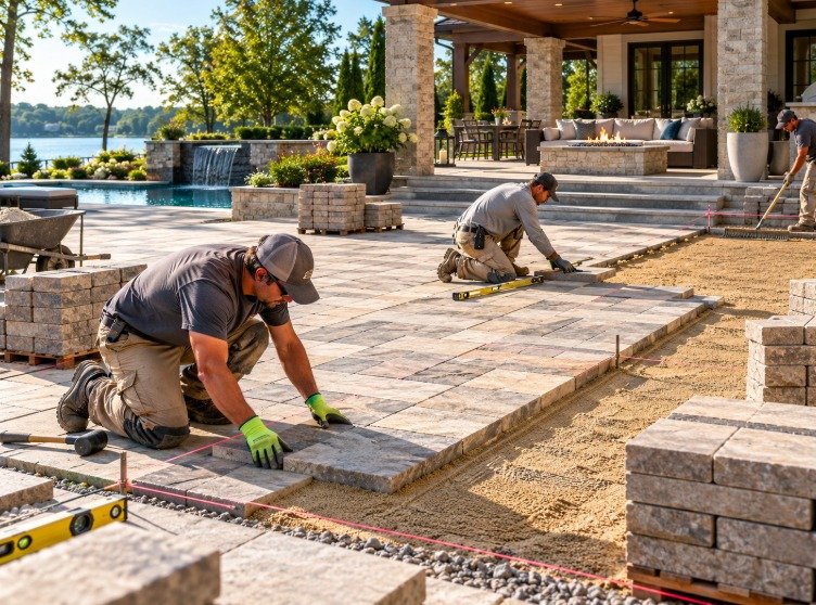 Paving crew installing pavers on a sand bedding layer beside a pool and outdoor living area