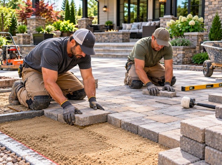 Two installers setting pavers on a screeded sand bed in front of a patio