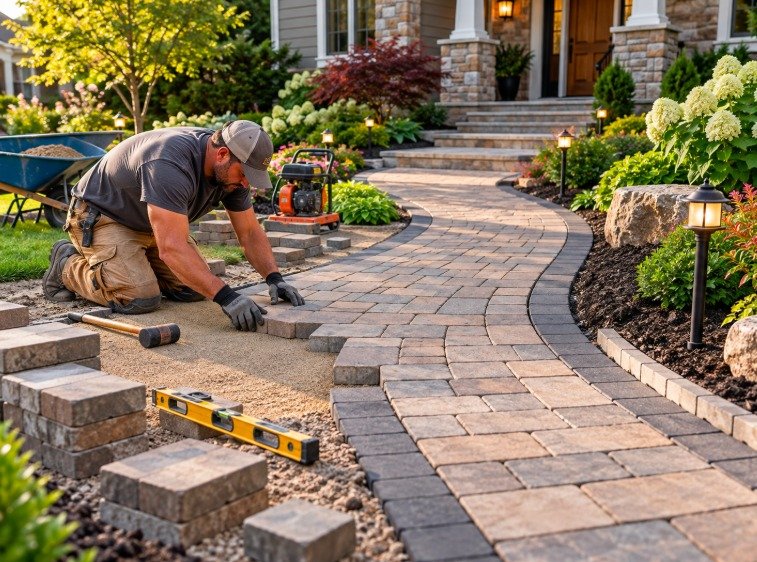Installer laying a curved paver walkway with a charcoal border toward a front porch