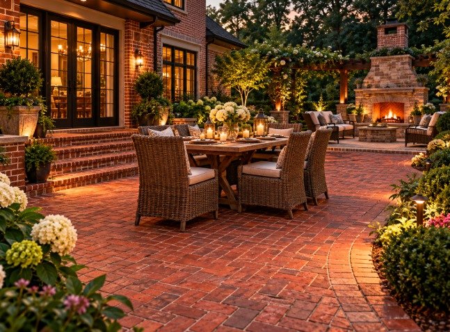 Red brick paver patio with outdoor dining and a stone fireplace at dusk