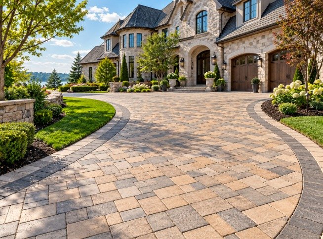 Blended tan and gray concrete paver driveway with a charcoal border at a stone home