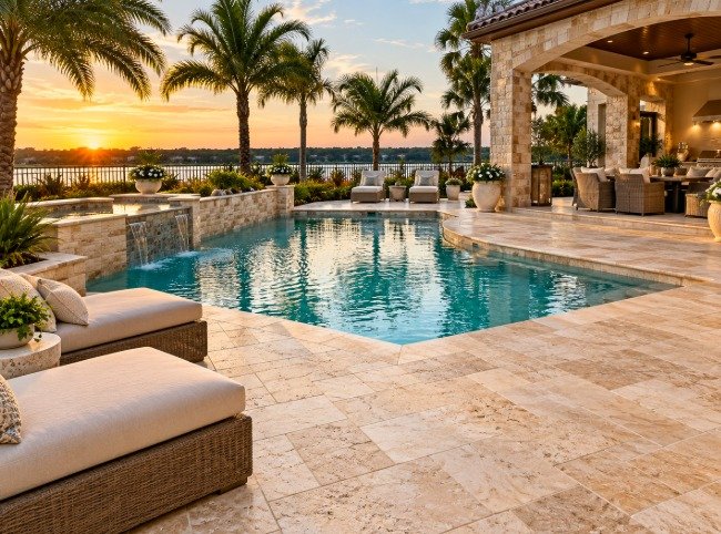Travertine pool deck with lounge chairs and palm trees at sunset