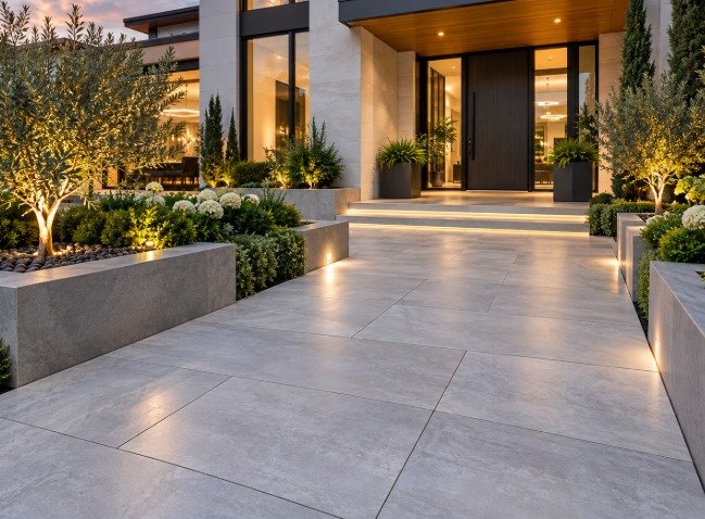 Modern entry with large-format light gray porcelain pavers and lit planters