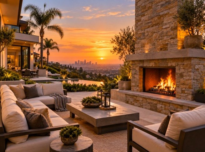 Stacked stone outdoor fireplace with lounge seating and the Los Angeles skyline at sunset