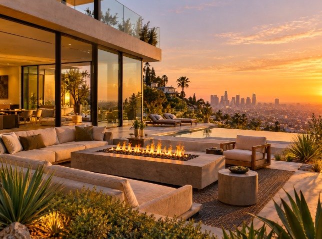 Modern linear gas fire feature with sectional seating overlooking the Los Angeles skyline