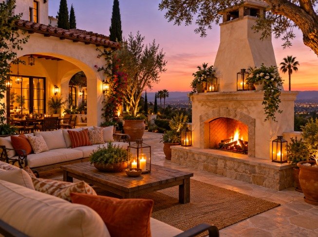 White stucco Mediterranean outdoor fireplace with an arched firebox and stone hearth at dusk