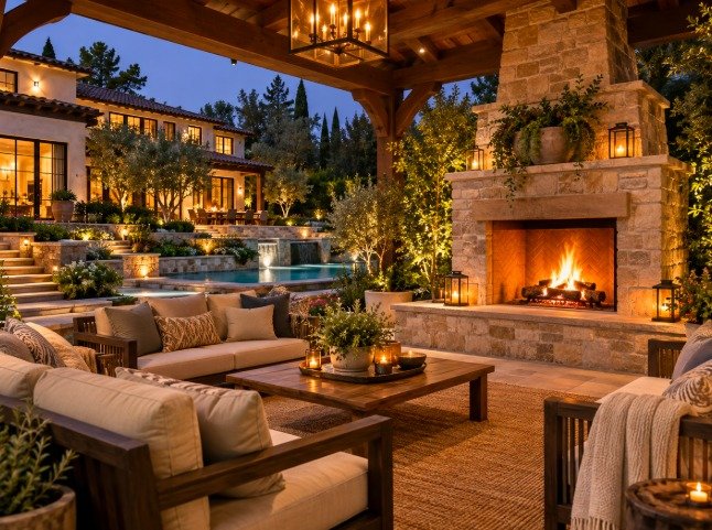 Stone outdoor fireplace under a timber pavilion with lounge seating beside a pool at dusk