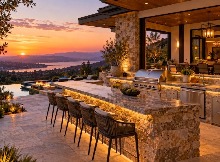 Outdoor kitchen with a stone bar island, built-in grill and bar stools overlooking a lake at sunset