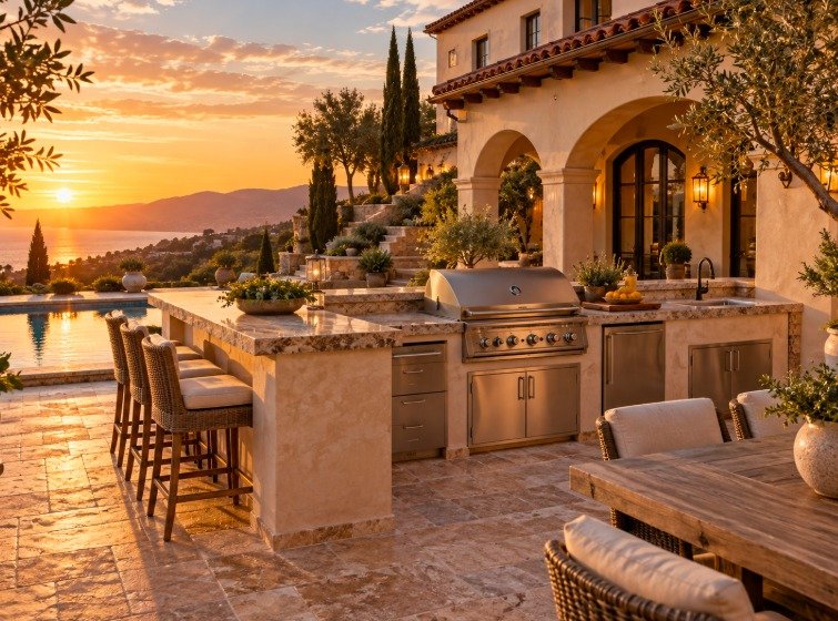 Mediterranean stucco outdoor kitchen with travertine patio, bar seating and ocean view at sunset