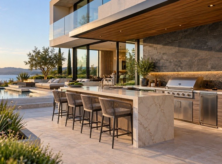 Modern outdoor kitchen with a stone waterfall island, bar stools and built-in grill beside a pool