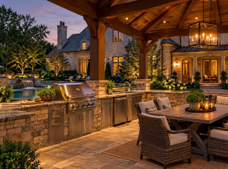 Covered outdoor kitchen under a timber pavilion with grill, sink and dining table at dusk