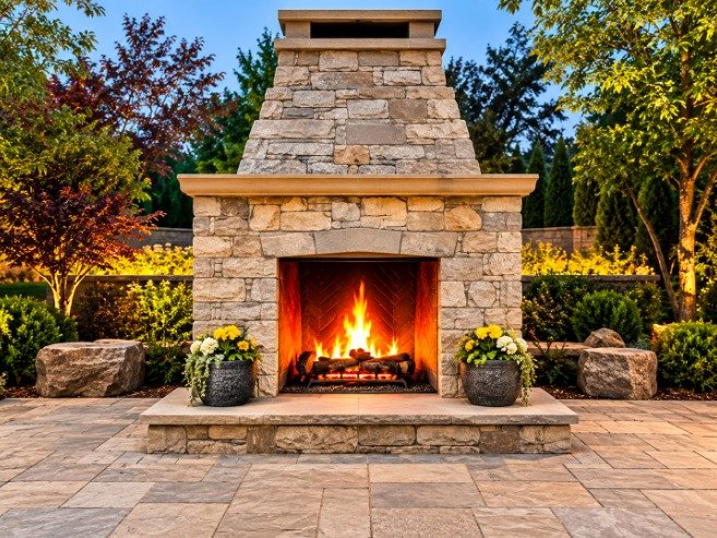 Stacked stone outdoor fireplace