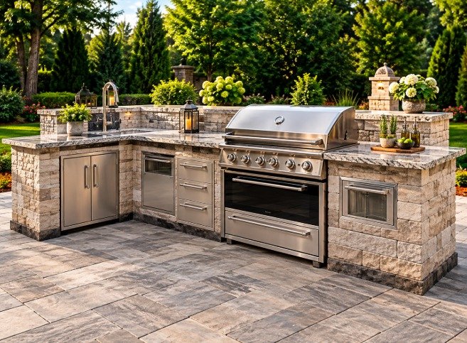 Outdoor kitchen with stone cabinets