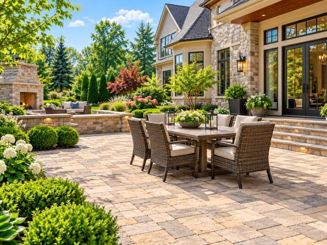 Paver patio with outdoor dining set and a stone outdoor fireplace