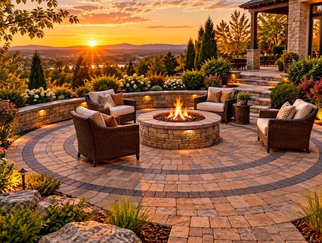 Circular paver patio with a stone fire pit and seating wall at sunset
