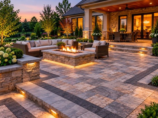 Lit paver patio with a stone fire table, lounge seating and steps at dusk
