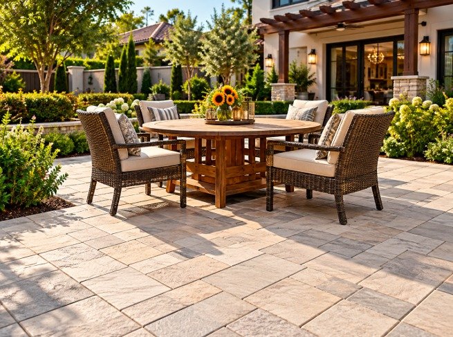 Patio pavers with outdoor dining set