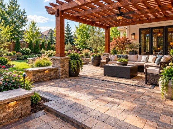 Paver patio under a wood pergola with lounge seating and stone pillars
