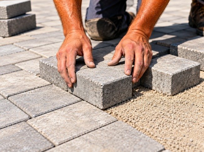 Installer setting paver stones by hand