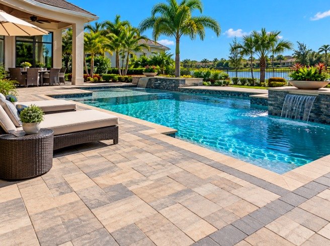 Paver pool deck with a charcoal border, lounge chairs and water features