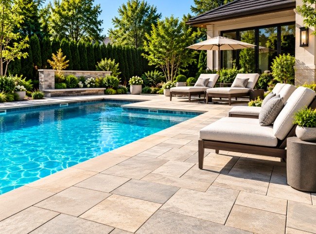 Pool deck pavers with lounge chairs