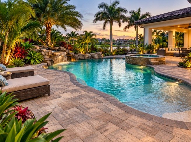 Freeform pool with a raised spa, rock waterfall and paver deck