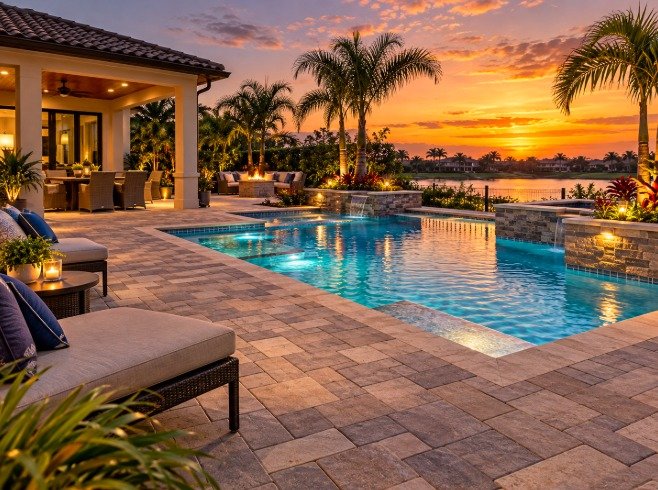 Lit swimming pool with a paver pool deck, lounge seating and palm trees at sunset