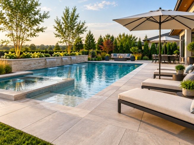 Modern pool deck with large-format light pavers, lounge chairs and umbrella