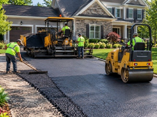 Crew paving a residential asphalt driveway with a paver machine and roller